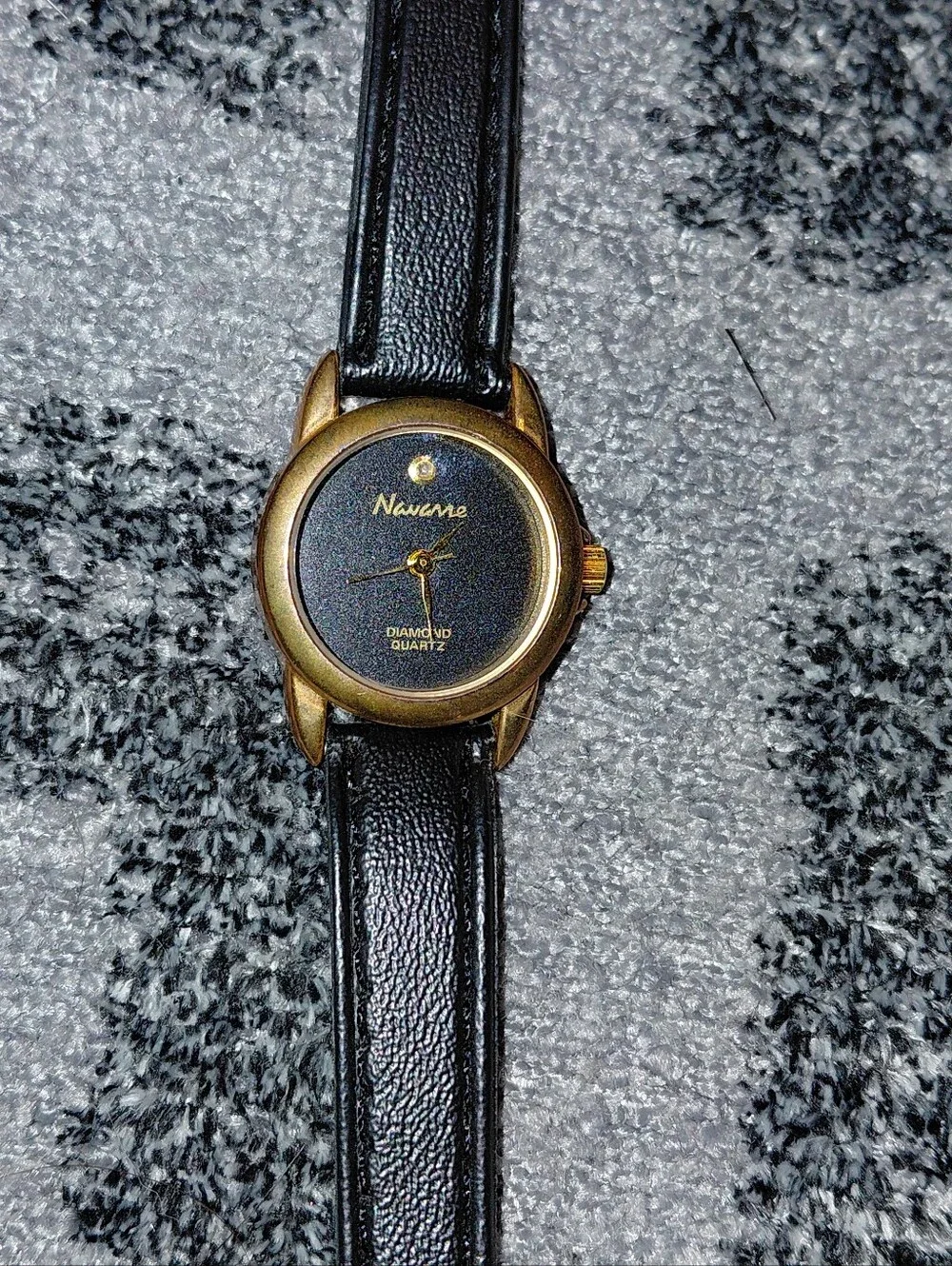 Vintage Navarre Diamond Quartz Watch Black Dial Gold Tone Leather Band CC